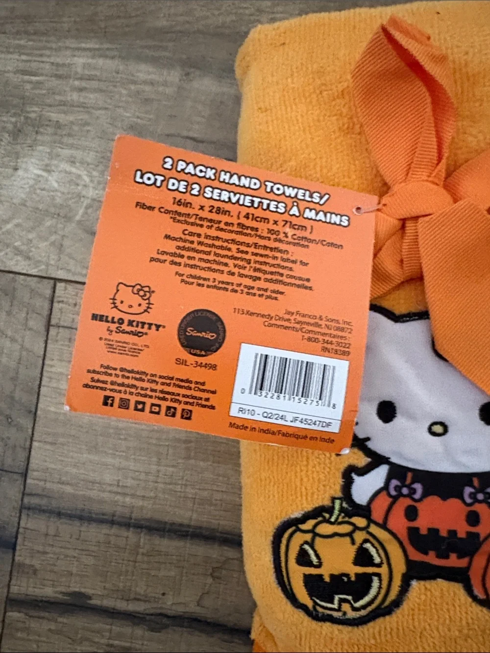Set of Two Hello Kitty Orange Halloween Hand Towel with Pumpkins NWT